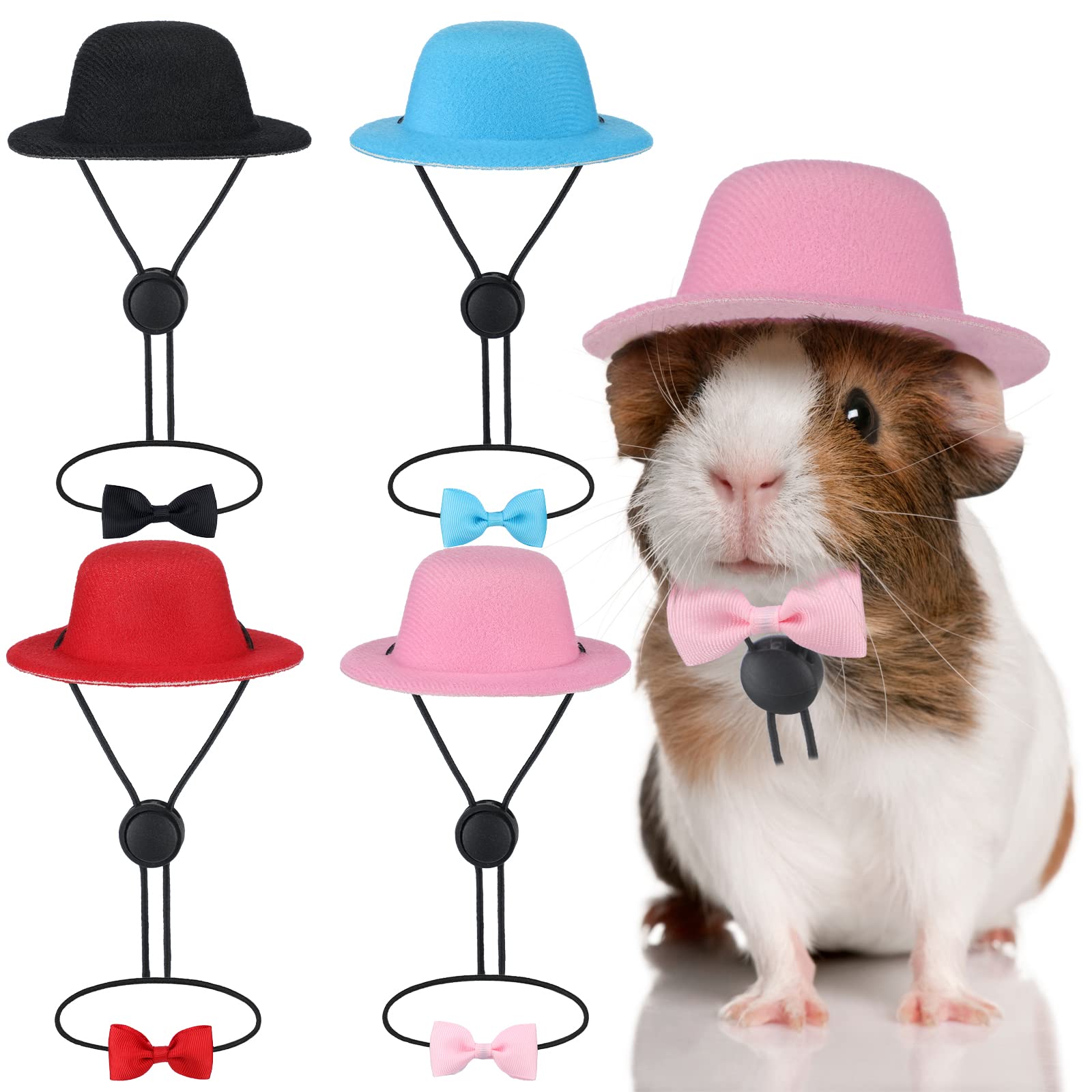 4 Sets 8 Pieces Guinea Pig Clothes Small Animal Bow Ties Pet Hats Outfit Suit Cosplay Cool Kawaii Pet Black Hat for Hamster Ferret Cat Rats Puppy Kitten Hedgehog Bearded Dragon